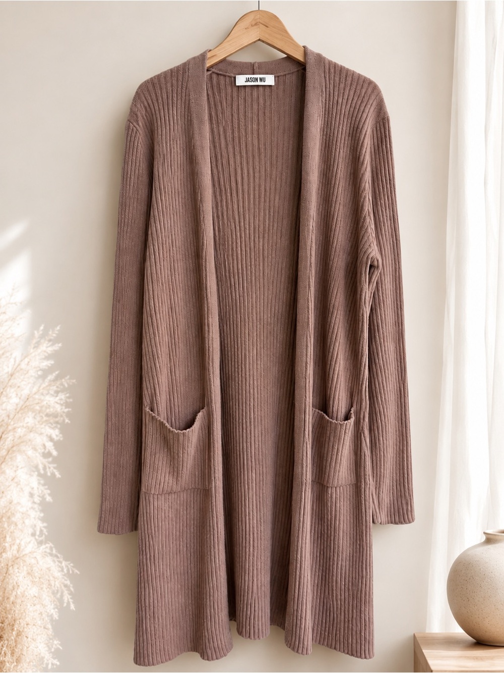 Jason Wu Long Ribbed Duster Cardigan Mauve Open Front Pockets Size M